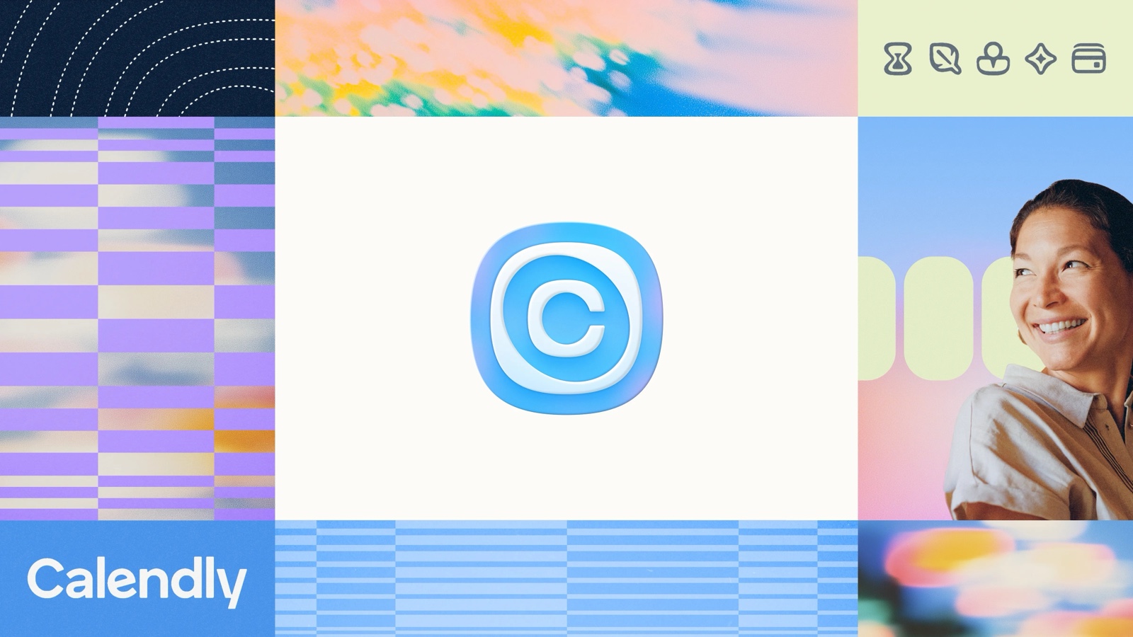 A collage of Calendly brand assets from the 2026 rebrand: the new C logo, patterns, icons and colour studies