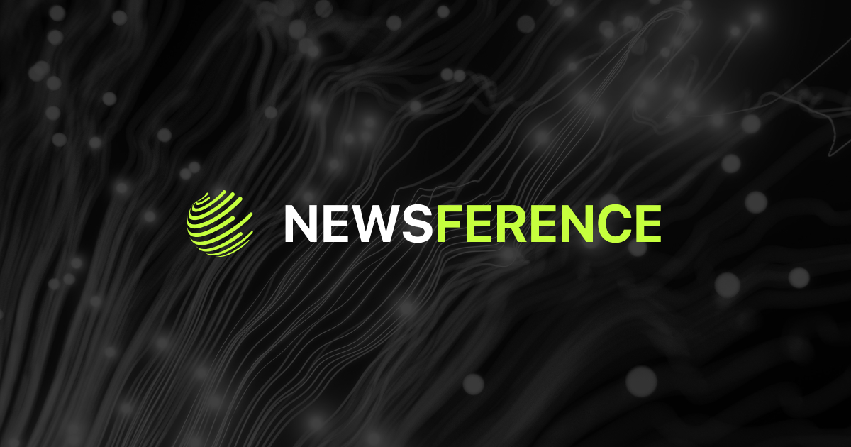 Newsference wordmark with its lime globe on a dark background